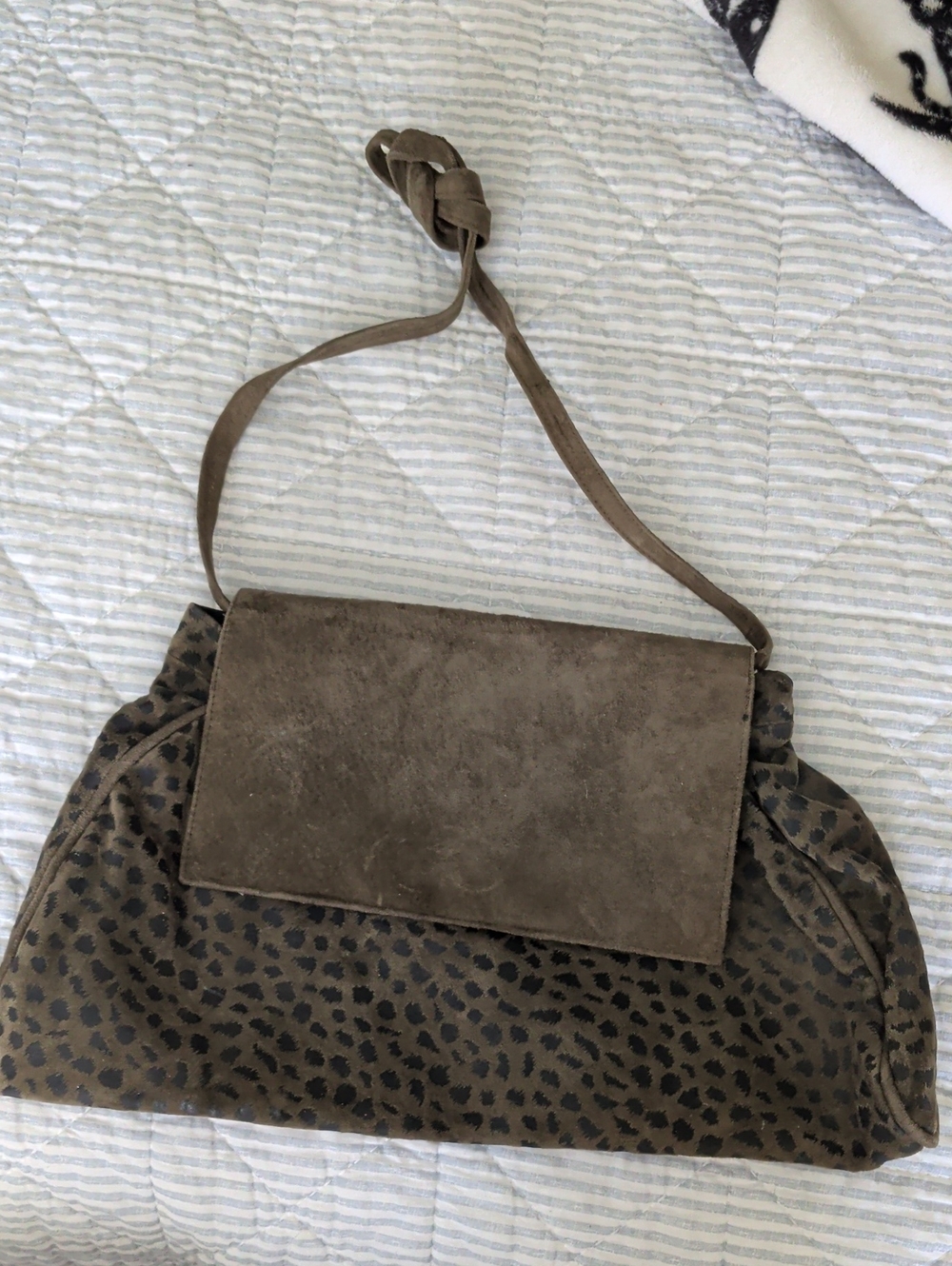 Olive Green Suede Leopard-Print Shoulder Bag